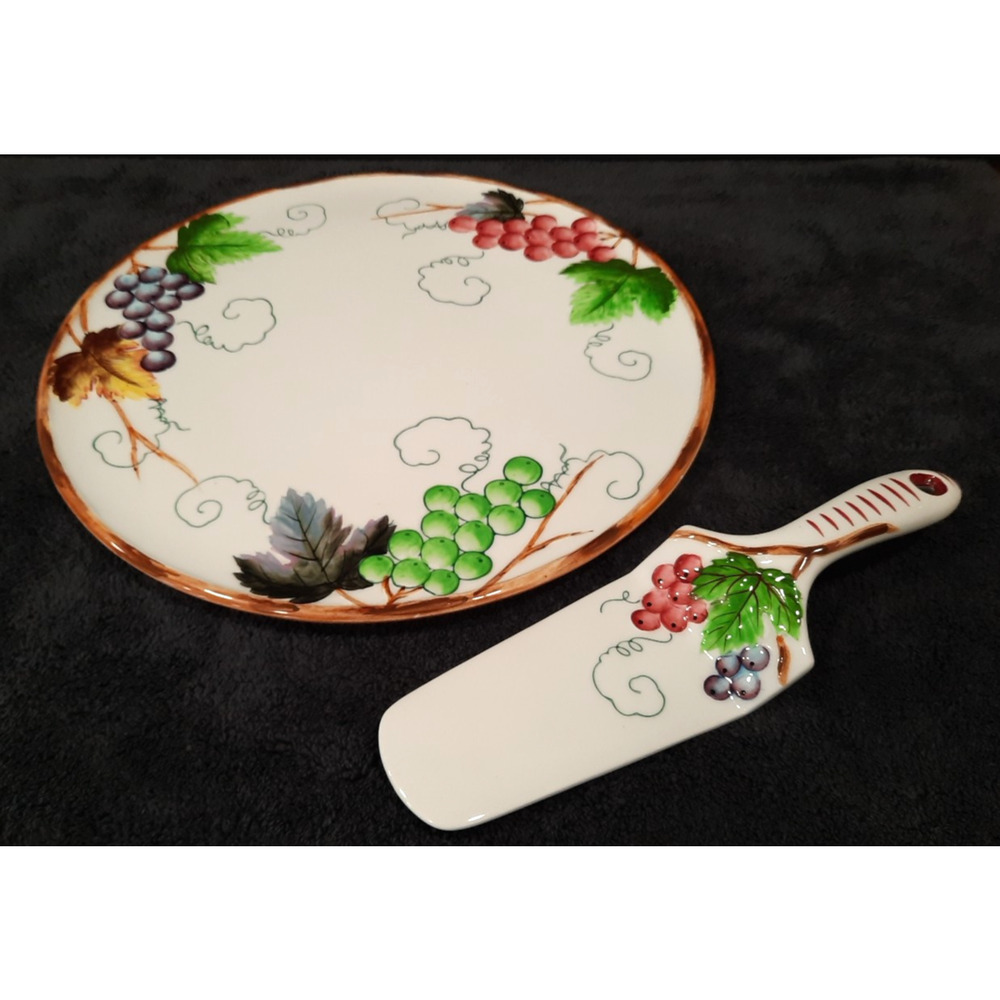 VTG Lefton LEF17 Grapes Vines Cake Plate / Cake Server Set Cottage Core Dessert